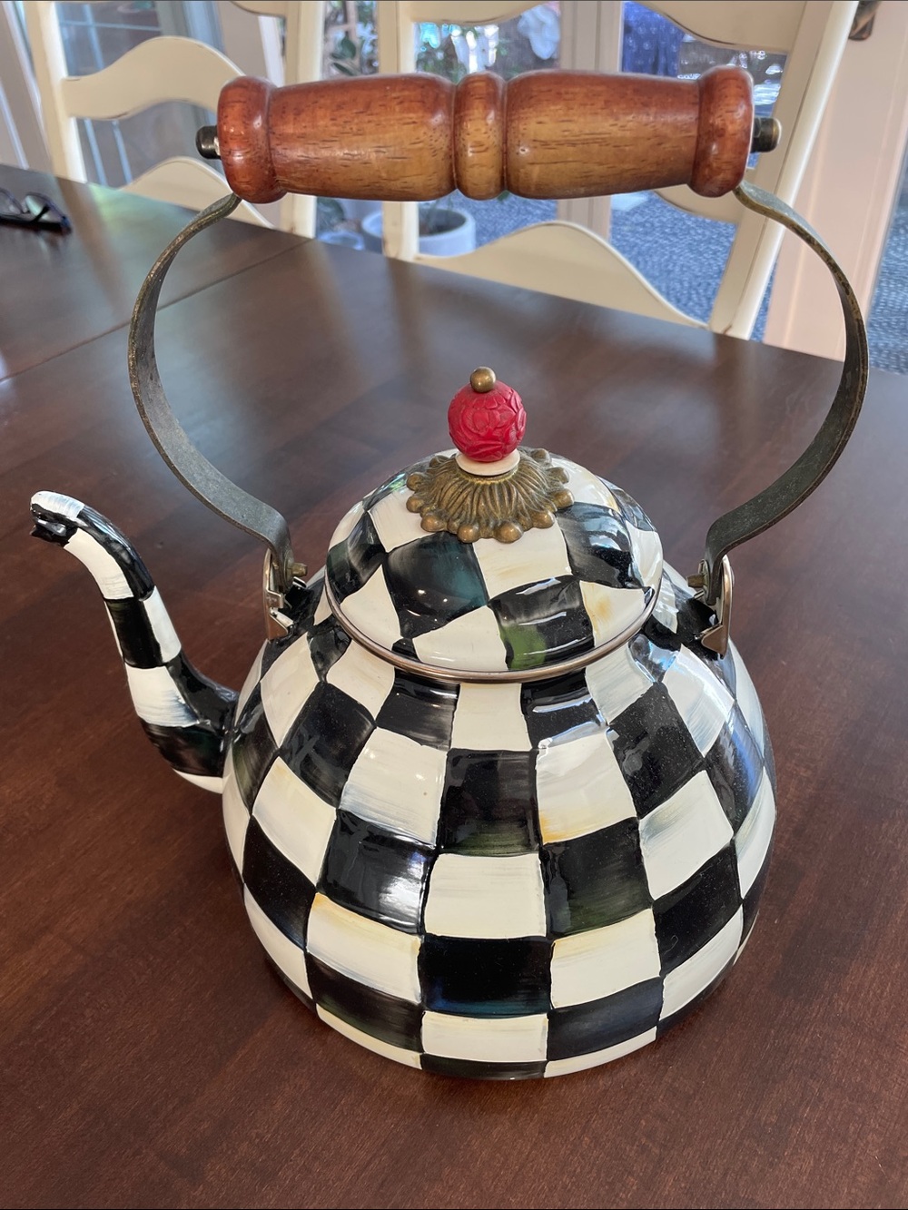 MacKenzie-Childs Black & White Checkered Ceramic Teakettle with Red Knob